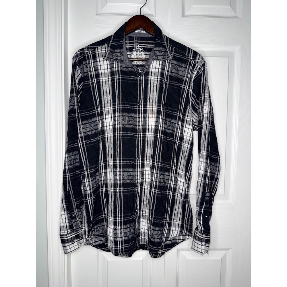 Bugatchi Uomo Mens Black White Plaid Paisley Embroidered Button Down Shirt L